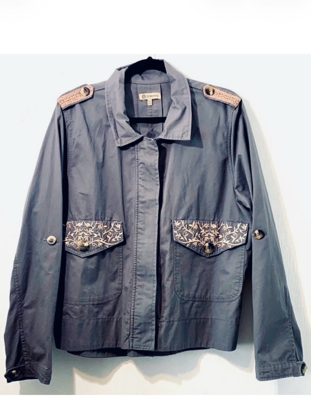 XL Democracy/Military style gray lightweight jacket with cream crochet details.